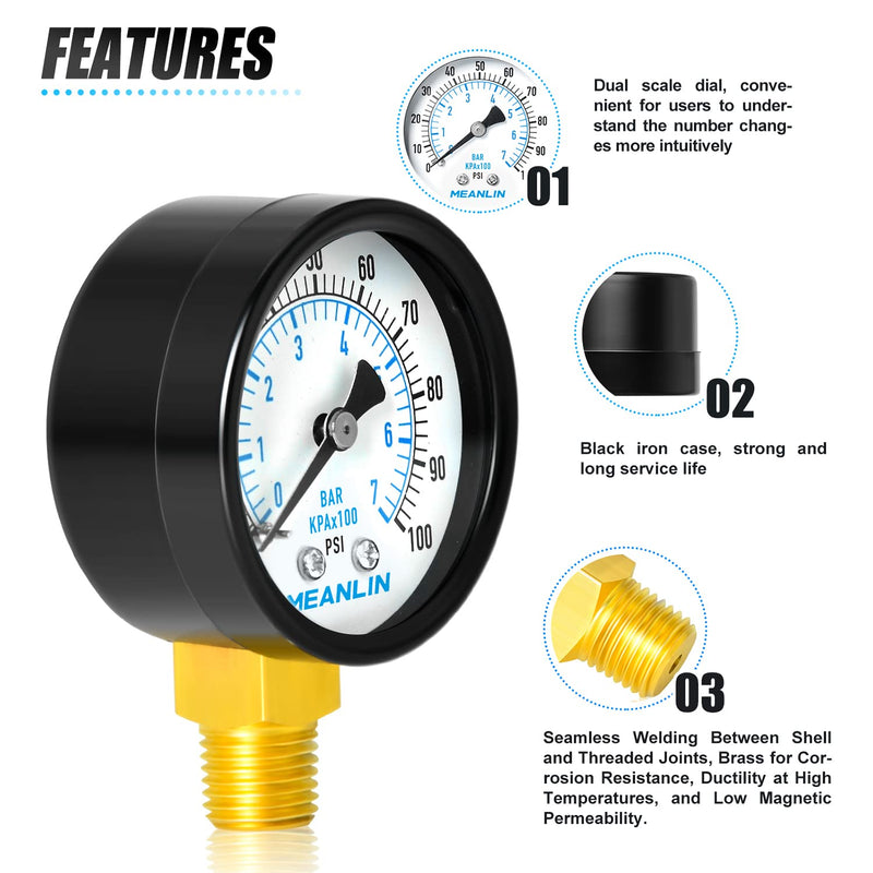 [Australia - AusPower] - MEANLIN MEASURE 0-100Psi 2" DIAL FACE 1/4" NPT Well Pump Pressure Gauge, with 1/4" x 1/2" NPT and 1/4" x 3/8" NPT Hex Bushing, 3-2-3% Accuracy,Lower Mount 1/4"NPT Lower Mount 