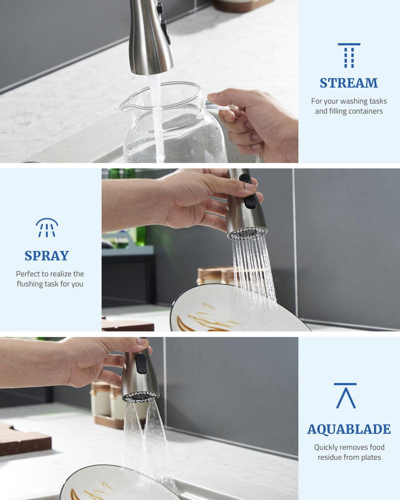 Metal Kitchen Faucet Head Replacement - with 15 Adapters, Low-Lead Sprayer Head for Pull Down Sink Faucet, 3-Mode Stainless Steel Spray Nozzle, Compatible with Delta, Moen, Kohler, Brushed Nickel