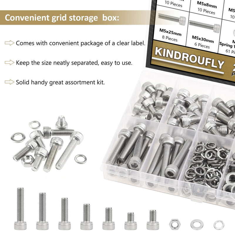 [Australia - AusPower] - 212 Pieces M5 x 6/8 /12/16 /20/25 /30mm Hex Socket Head Cap Screws Nuts Washers Assortment Kit, 304 Stainless Steel, Fully Machine Thread 