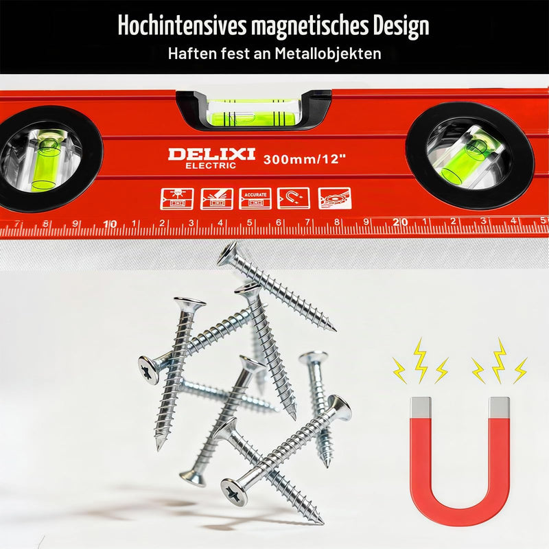 Flintronic 30 cm Spirit Level, Small and Magnetic, Lightweight Aluminum Profile, with Three Levels, 45°/90°/180°, Red 30cm
