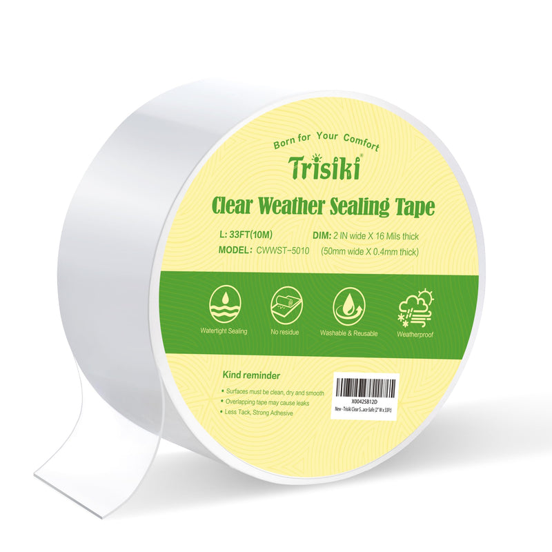 Transparent Window Tape Sealing Weatherproofing, Window Weather Sealing Tape, Clear Window Insulation Tape for Doors Windows Shower Glass Gaps, Watertight, Surface-Safe, No Mess(2" W x 33Ft) 2" x 33Ft Transparent