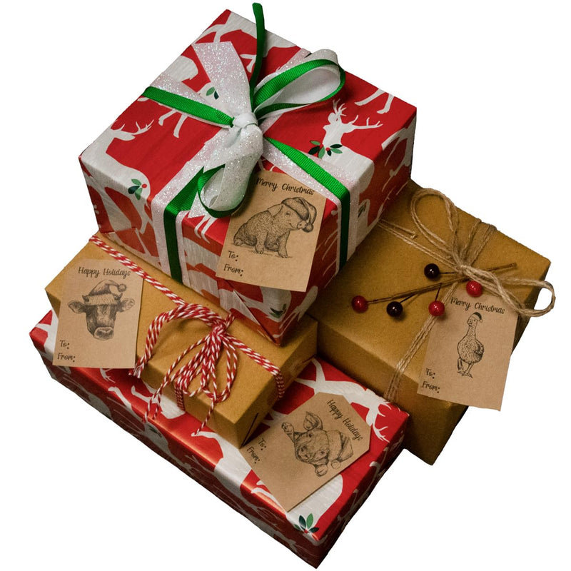 Natural Kraft Country Christmas Gift Tag Stickers – 2 x 3 Inch Vintage Farm Animal Designs – 100 Adhesive Labels Featuring Cow, Goose, and Pig – Eco-Friendly, Made in USA