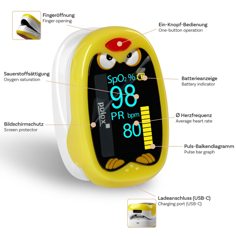Pulox PO-210B Children's Pulse Oximeter Battery Operated with Alarm | Finger Pulse Oximeter for Children and Toddlers Rechargeable with Acoustic Warning Function