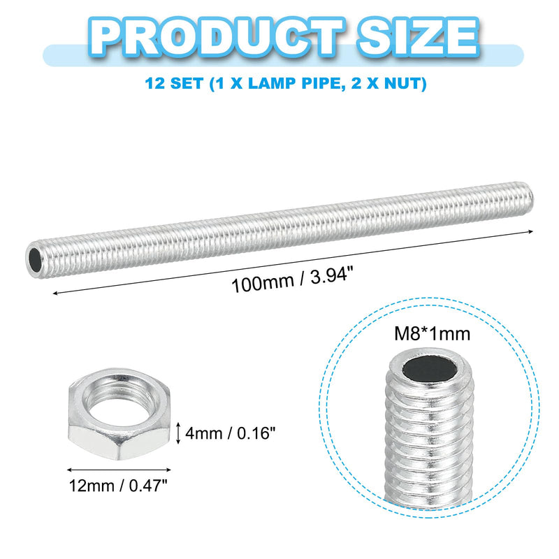 [Australia - AusPower] - PATIKIL M8 Fine Thread Carbon Steel Lamp Pipe with Nut, 12 Set 100mm/3.94" Hollow Tube Thread Adapter Fasteners Hardware for Lamp Lights Chandelier Ceiling Light DIY, White Zinc Plating M8x100mm 