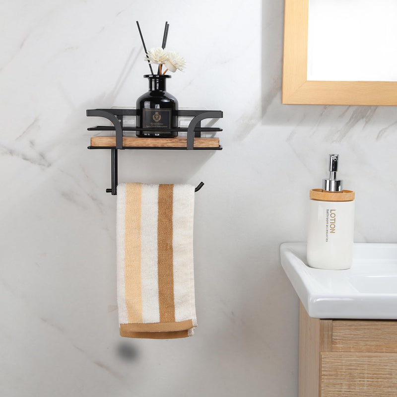Rustic Farmhouse Toilet Paper Holder with Shelf - Farmhouse Bathroom Rustic Country Decor - Rustic Bathroom Accessories with Warm Brown Wood Shelf for Wipes&Cell Phone&Reading, Black Metal Dark Brown