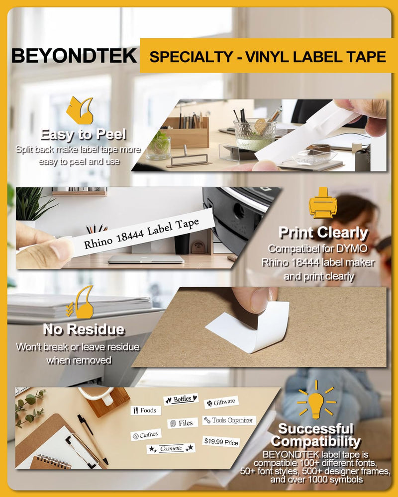 [Australia - AusPower] - 18444 Vinyl Label Tape Work with DYMO Rhino 4200 5200 Label Maker Replacement for Dymo 18444 Rhino Industrial Permanent Vinyl Industrial White 1/2" x18' Work with Rhino 5000 6000,5Packs Rhino Black on White 