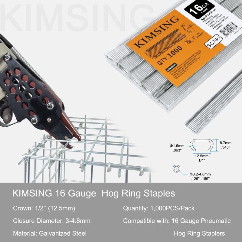 [Australia - AusPower] - KIMSING SC760 16 Gauge 5/8'' Crown Galvanized C Ring Staples C-Rings Hog Rings, Wire Fencing Staples, Fasteners for C Ring Stapler, Hog Ring Tool, C Ring Plier, 1000 PCS/Pack 