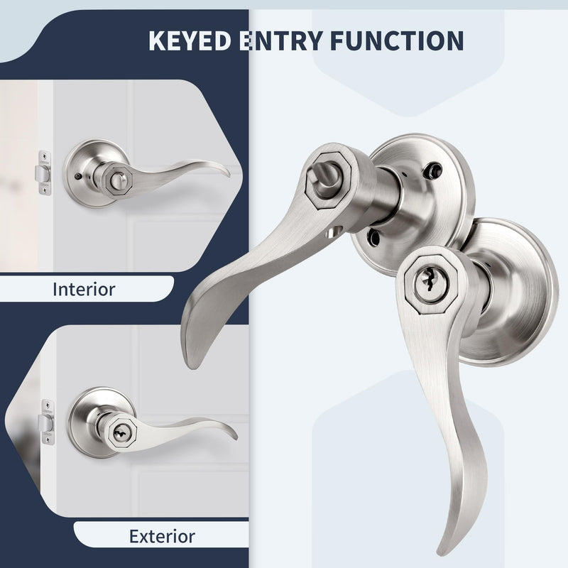 Wave Style Door Lever Keyed Entry Door Handle with Lock, Entrance Lever Reversible for Left/Right Handed for Office or Front Door with Satin Nickel Finish, 1 Pack Keyed Entry (With Lock & keys)