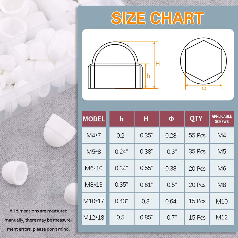 [Australia - AusPower] - 160 Pcs Bolt Covers Screw Caps Assortment Kit with Storage Box, M4 M5 M6 M8 M10 M12 Nylon Insert Locknut Protection Cap for Matching Screws or Bolts (White) White 