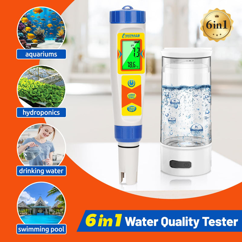 [Australia - AusPower] - Hydrogen Water Tester pH Meter 6 in 1 pH H2 ORP TDS EC Temp Tester Dissolved Hydrogen Tester for Hydrogen Water Bottle pH and ORP Meter for Household Drinking Water Hydroponics Pool 