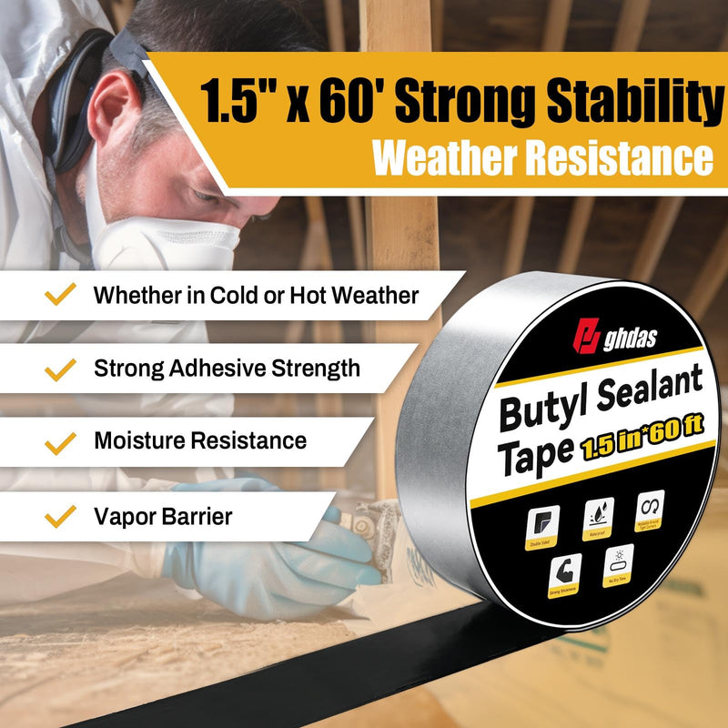 Bghdas - 1 Pack Butyl Sealant Tape 1 1/2" X 60' - Double Sided - Black Vapor Barrier Butyl Tape for Wall of Crawl Space, Rv Windows, Deck Boat, Crawlspace (Waterproof, Weatherproof) 1.5