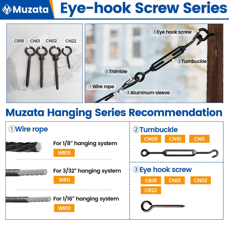 [Australia - AusPower] - Muzata 10Pack 3.3Inch M6 Black Screw Eye Hooks Stainless Steel Heavy Duty Screw for Wood Securing Cables Wire Terminal Ring Eyelet Stand Self Tapping Eye Bolt Indoor Outdoor CR18 10P 