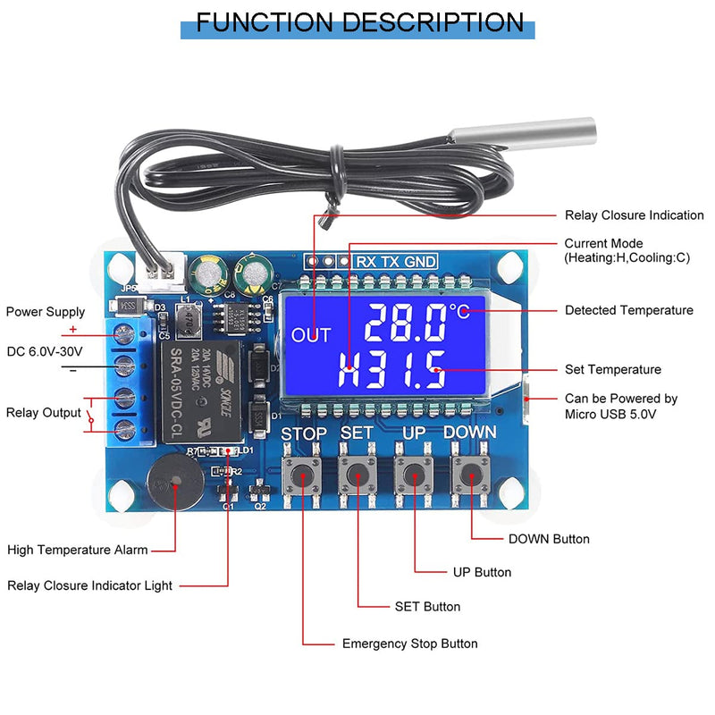 [Australia - AusPower] - XY-T01 DC 6-30V 24V Digital Temperature Control Board Electronic Temperature Controller -50°C to 100°C with Waterproof NTC Probe Micro USB Cable 