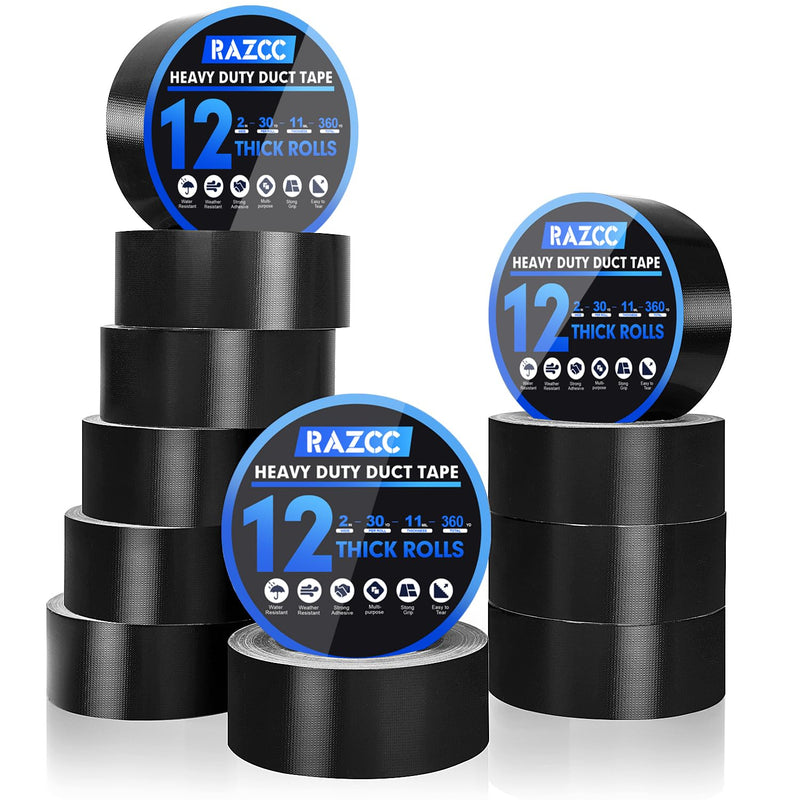 RAZCC Duct Tape, 12 Rolls Black Duct Tape,Heavy Duty, Flexible, No Residue, All-Weather and Tear by Hand, 30 Yard x 2 Inch Per Roll - Bulk Value for Indoor & Outdoor Repairs, Industrial Use 2 inch-12 Rolls