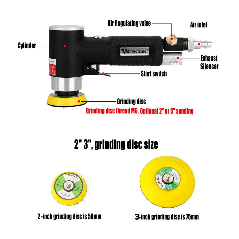 Valianto 2" 3" Mini Air Sander, Pneumatic Sander Random Orbital Eccentric Dual Action Polisher with M6 Thread Plate (2" and 3"),- Adjustable Airflow Valve - US Connector Black