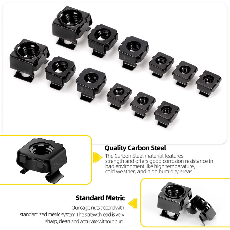 [Australia - AusPower] - 84Pcs Snap-in Cage Nuts Assortment Kit, M4 M5 M6 M8 M10 M12 Carbon Steel Zinc Plated Metric Cage Nuts Clip-On Nuts, Rack Nuts, Rack Mount Clip Nuts for Shelve Cabinet, Black 84 