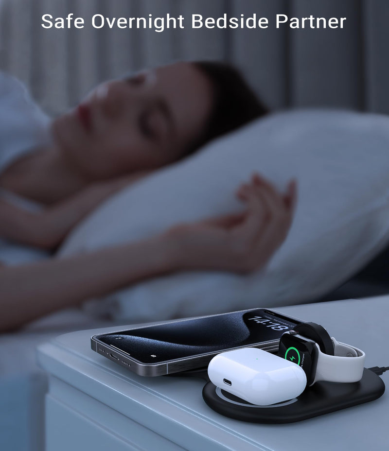 [Australia - AusPower] - 3 in 1 Wireless Charging Station, Magnetic Wireless Charger, Foldable Charger 3 in 1, Travel Charger for iPhone 15/14/13/12 Series, AirPods Pro/3/2, iWatch 2-9/Ultra (Adapter Included) Black 