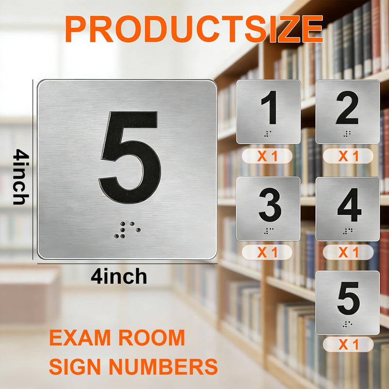Door Numbers with Braille and Tactile Numbers,Exam Room Sign Numbers 1-5 and 6-10,Double Sided Tape Silver 4" x 4",for Exam Rooms Apartment Offices Educational Institution Elevator Sign,Directional Assistance Test Center (Numbers1-5) Numbers1-5