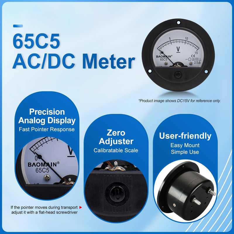 [Australia - AusPower] - Baomain DC 50V Round Voltmeter Voltage Meter 65C5 Gauge Analog Panel Class 2.5 CE 