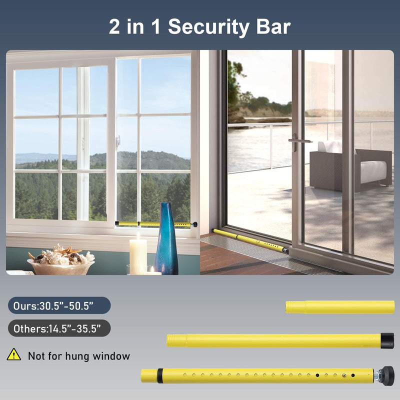 Sliding Door Security Bar, 17.7-50.5inch Heavy Duty Adjustable Sliding Patio Door Lock Bar with Rubber Tips,Diameter 1inch Window Security Bar for Home Apartment Travel Children Women (Yellow) 1 Yellow