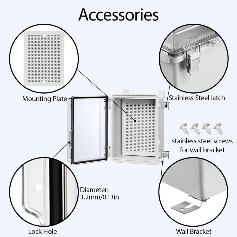 LeMotech Electrical Box, IP67 Waterproof Hinged Clear Cover Stainless Steel Latch Junction Box, ABS Plastic Electrical Enclosure with Mounting Plate,Wall Brackets, Cable Glands,8.7"x6.7"x4.3",Grey 8.7"x6.7"x4.3"