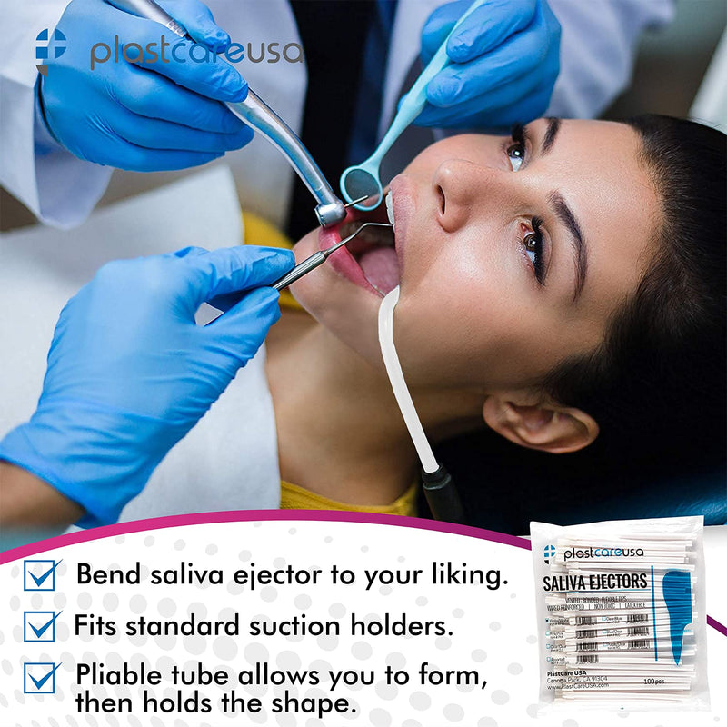 [Australia - AusPower] - 100 Dental Saliva Ejectors Disposable - Medical Grade Latex Free Evacuation Suction Tips - Flexible White Tube with White Tip (100 Pack) by PlastCare USA 100 