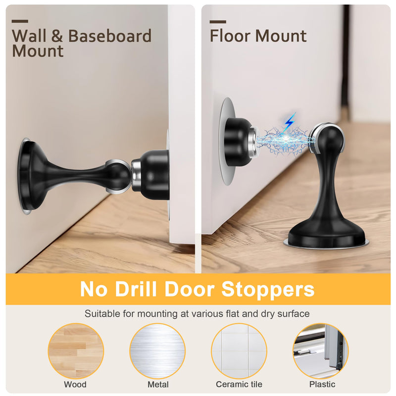 [Australia - AusPower] - 2 Pack Magnetic Door Stoppers, Stainless Steel Door Stops for Wall and Floor Mounting, Door Holder Keep Door Open, No Drilling Door Stop with 3D Adhesive Tapes, Black 2 Pack 
