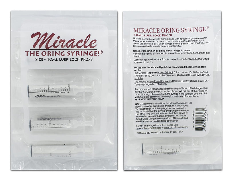 [Australia - AusPower] - Miracle Oring Syringe- 10 ml Luer Lock Syringe- Package Contains 8 Individually Wrapped Sterile Oring Syringes for Handfeeding Animals, Administering Supplements, Measuring Liquids, and More 