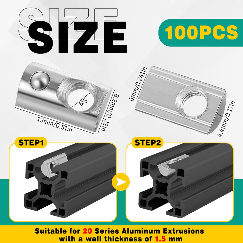 [Australia - AusPower] - 100 Pcs 2020 Series M5 T Nuts Half Roll in Spring Silver Thread Spring Carbon Steel European Standard T Nut for Aluminum Extrusion Profile 100 