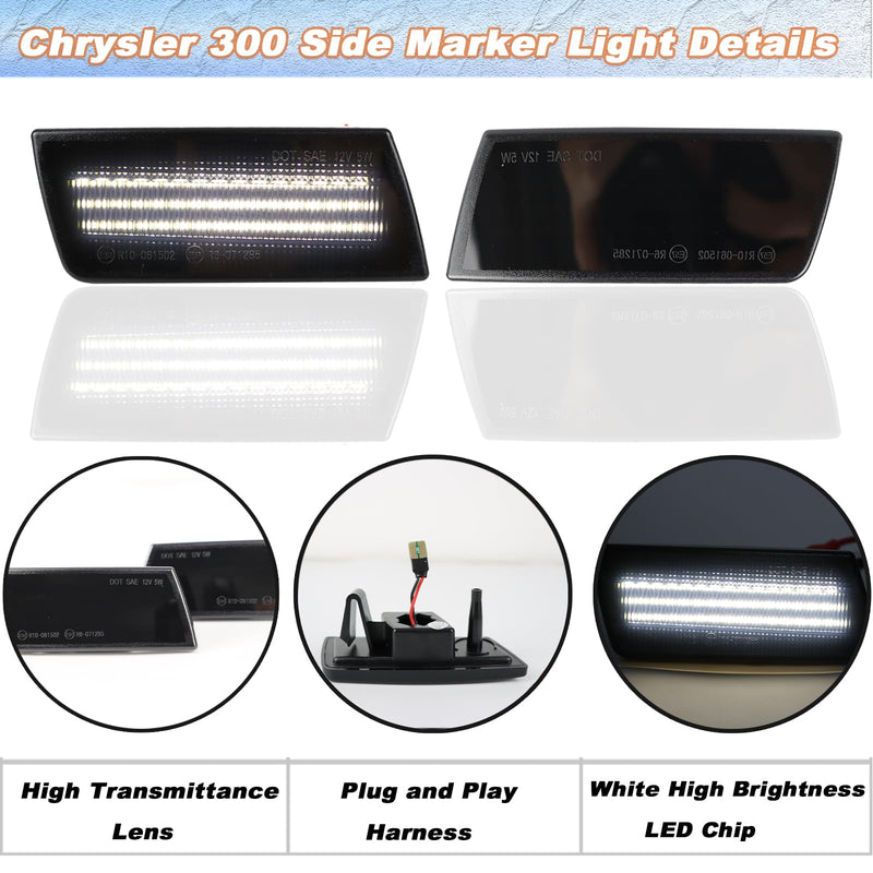 Smoked White LED Side Marker Lights Compatible with Chrysler 300 300C Sedan Base Touring SRT8 Limited 2005-2014 Front Side Indicator Lamps 2PCS (White Light) White Light
