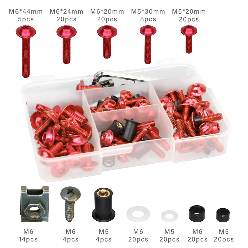 [Australia - AusPower] - 210Pcs Motorcycle Universal Fairing Bolt Kits, Aluminum Alloy M5 M6 Screws Fasteners, Washers Nuts Clips Assortment (Red) 