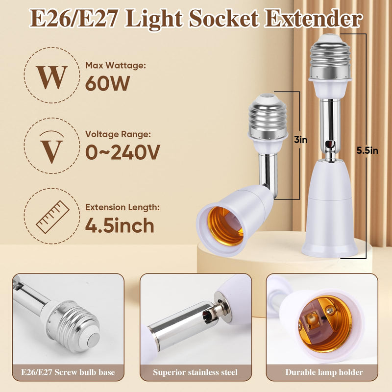 [Australia - AusPower] - 3 Pack Light Socket Extender, E26/E27 4.5 Inch Light Socket Extension, Vertical 180°Horizontal 350° Adjustable Light Socket, Medium Screw Base Light Bulb Extension Socket 3 Light Socket Extender- 4.5 Inch 