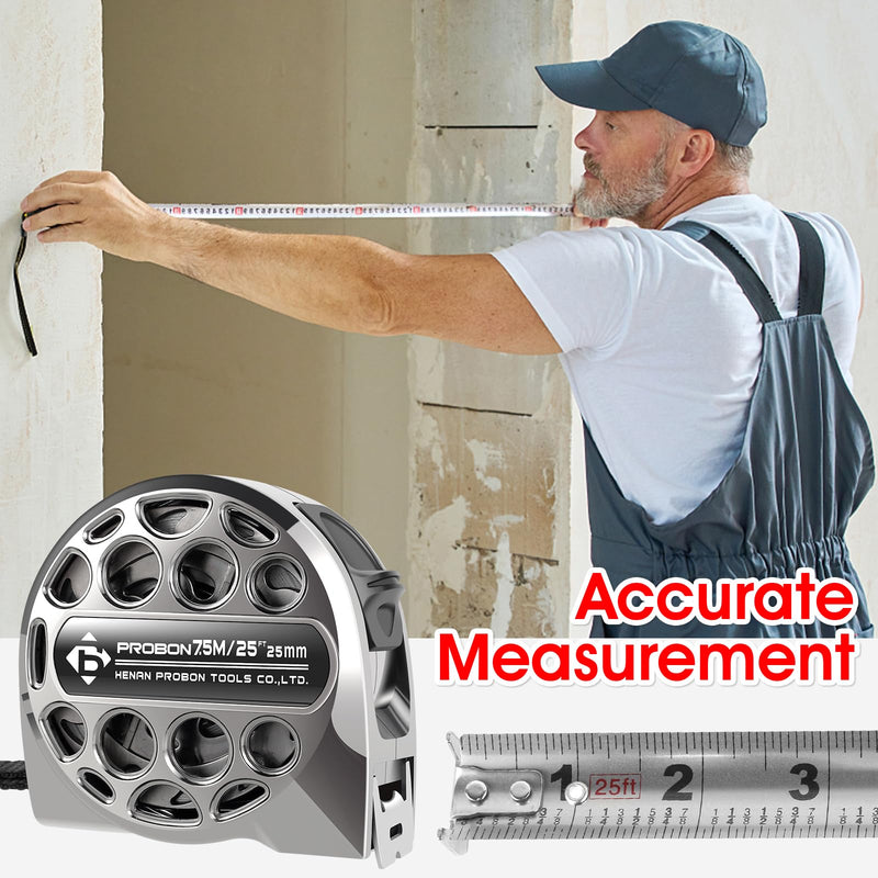 2 Pcs 25 Ft Tape Measure, Stainless Steel Double Sided Scale Retractable Measuring Tape, Anti Fall Wear Resistant Metric Ruler, Hollow Design, Self Lock Silver B