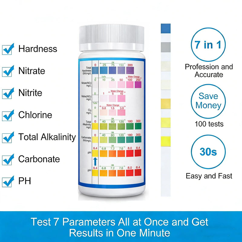 [Australia - AusPower] - Aquarium Test Strips for Freshwater Fish: 7 in 1 Fish Tank Water Testing Kit for Aquarium Pond - Accurate Testing Nitrate Nitrite Hardness Free Chlorine pH Carbonate Total Alkalinity-100 Strips 7 in 1 - 100 Count 