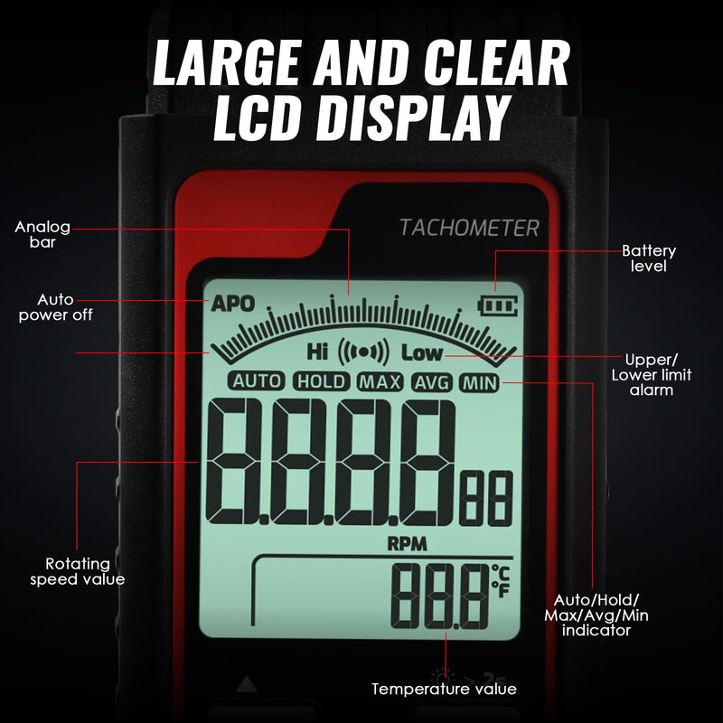 [Australia - AusPower] - Digital Speedometer, Laser Sensor, Touchless Tachometer, Range from 2.5 to 99999 RPM, High Accuracy, with Alarm Function, Backlight, Analog Bar Scale 