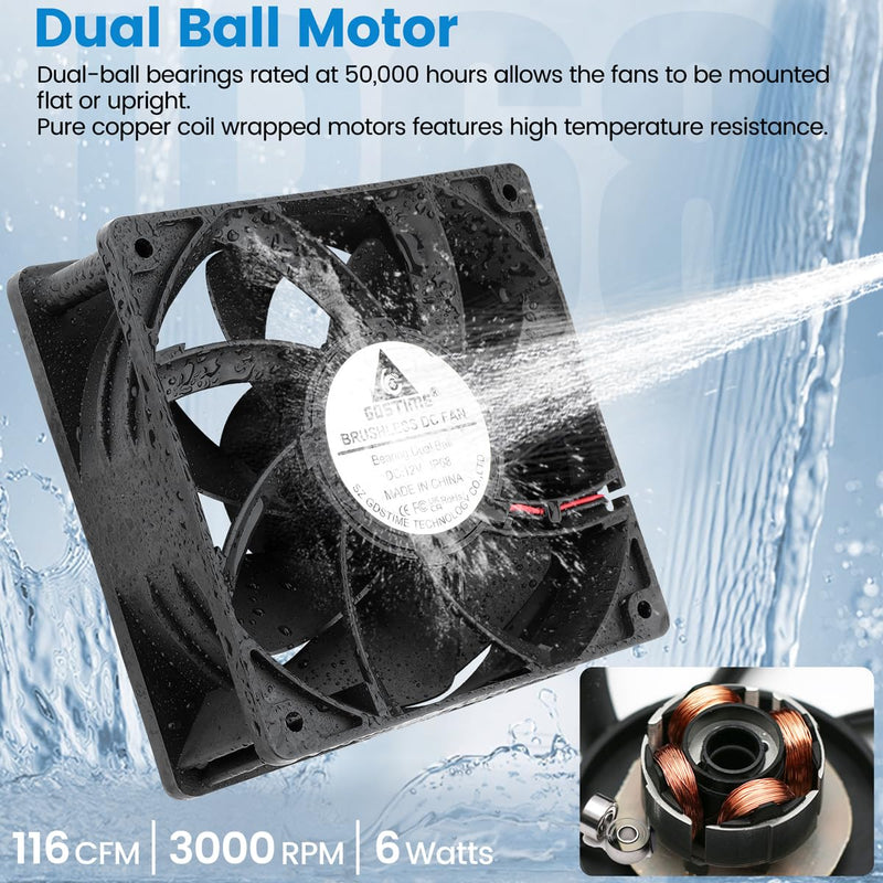 GDSTIME 120mm x 38mm 12V DC IP68 Waterproof Fan, High Speed Dual Ball Bearing Brushless Computer PC Case Exhaust Cooling Fan 2Pin for RV Refrigerator Solar Battery Box Ventilation, 2 Pack 120x38mm