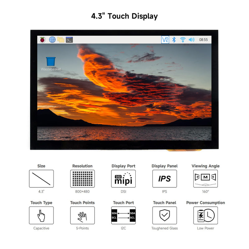 waveshare 4.3inch Capacitive Touch Display Compatible with Raspberry Pi 5/4B/3B+/3A+/3B/2B/B+/A+/CM3/3+/4 800×480 Resolution IPS Wide Angle MIPI DSI Interface 4.3inch DSI LCD