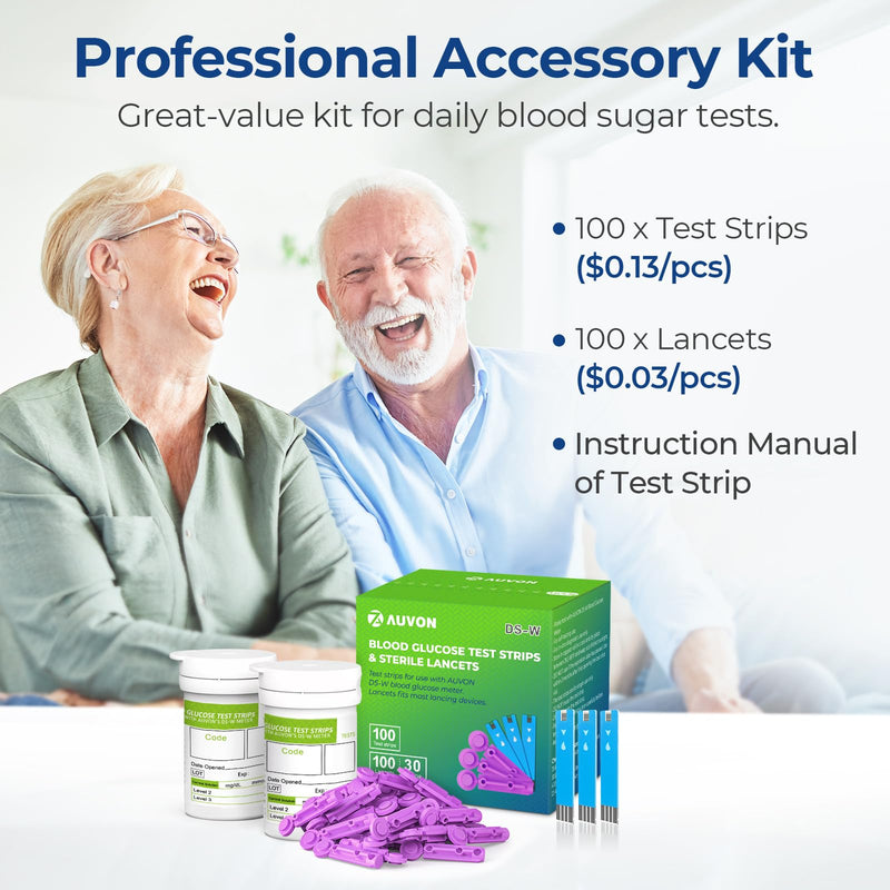 AUVON Blood Glucose Test Strips & Diabetic Lancets Kit, 100 Test Strips for Diabetes, 30 Gauge 100 Lancets for Blood Testing with Less Pain, Fit AUVON DS-W Glucose Meter