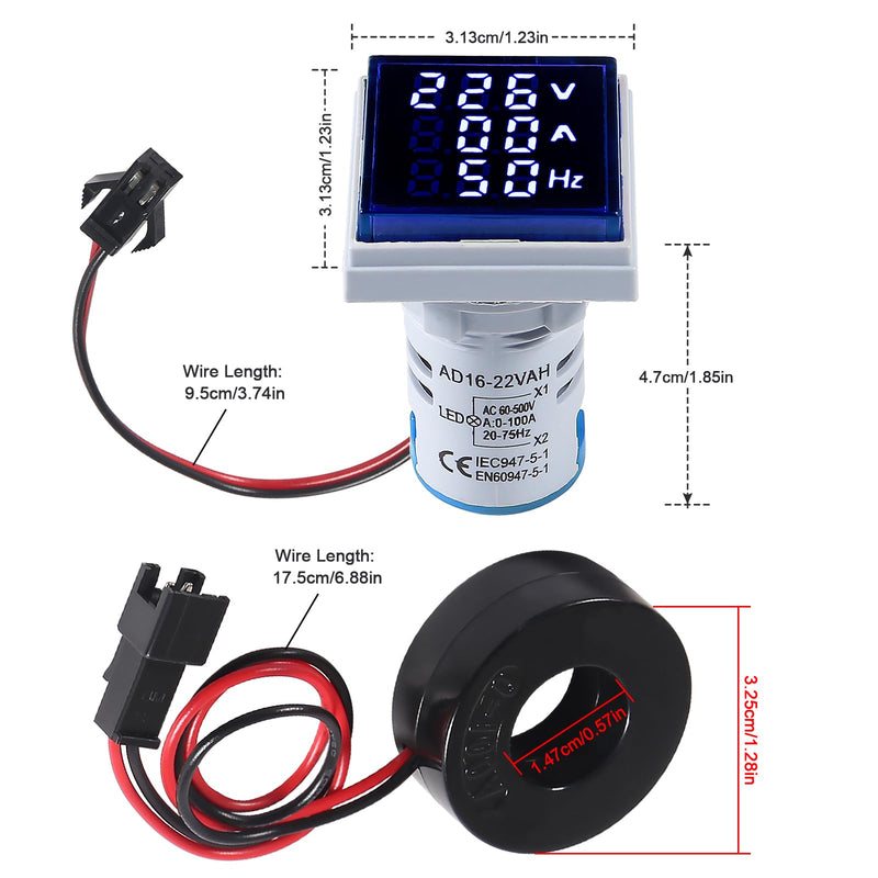 [Australia - AusPower] - Alinan 3 in 1 60-500V 0-100A AC Digital Ammeter Voltmeter, 22mm Square Digital Tube Screen with Transformer, LED Display Voltage Detector Current Tester Gauge(Blue) Blue 