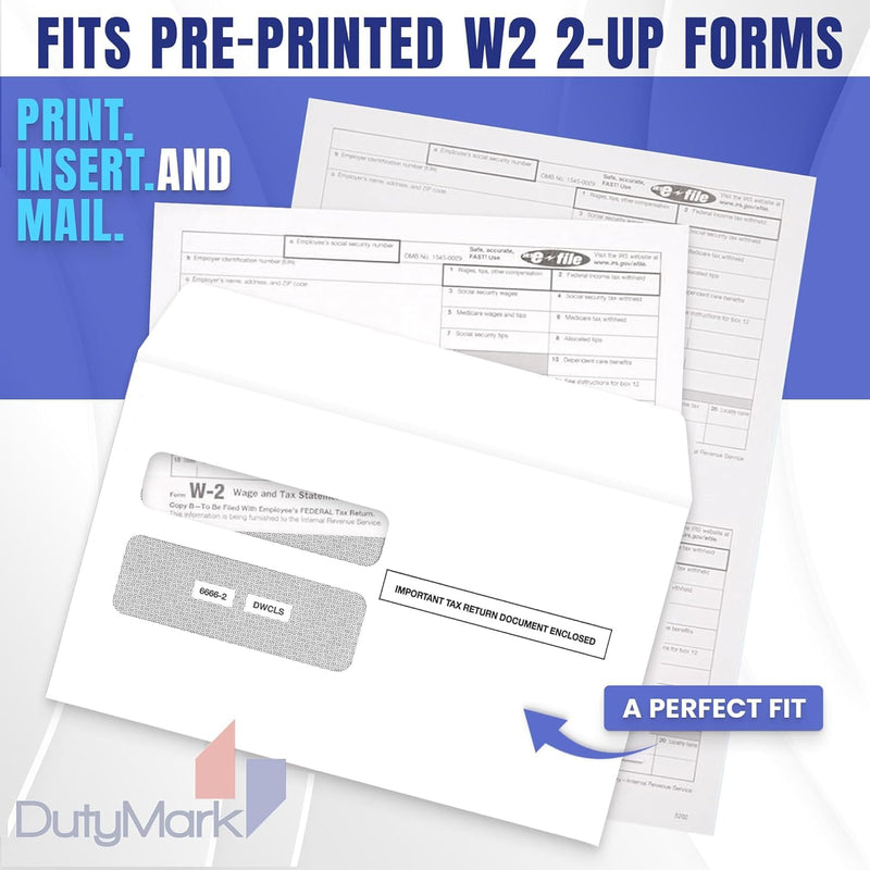 50 W2 Envelopes 2025 Self-Seal For W2 2-Up IRS Tax Forms W2 Double Window Security Envelopes For QuickBooks Online, Desktop, ADP and Other Software W2 Forms,5 5/8’’ x 9’’ Pack of 50 Envelopes