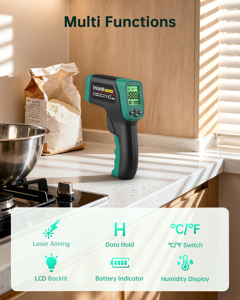 [Australia - AusPower] - ERICKHILL Infrared Thermometer Gun, Dual Mode IR Laser Thermometer with -50°C~800°C and Meat Probe (-50°C~300°C), Non-Contact Digital Thermometer for Cooking, BBQ, and Industrial Use 