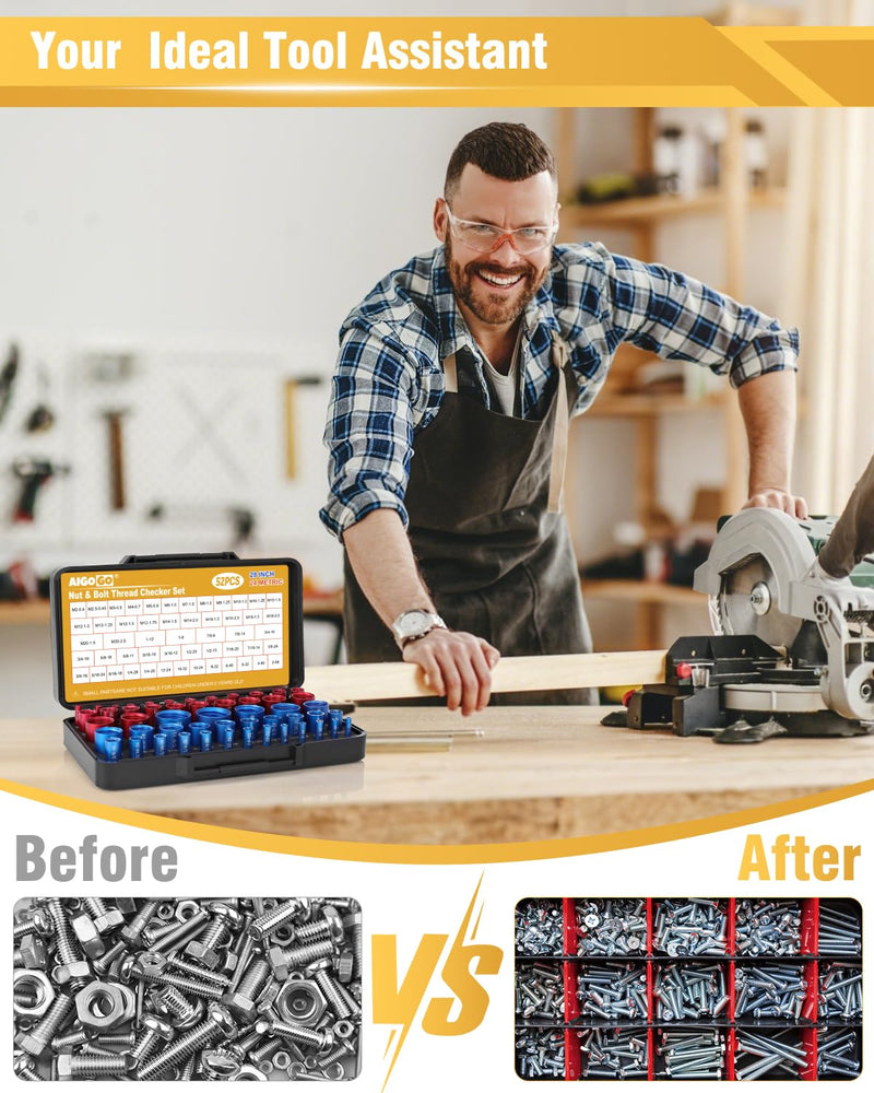 Thread Checker, 52pcs Nut and Bolt Thread Checker, 28 Inch & 24 Metric Box Set Thread Gauge, Bolt Size Finder for Size Check on Tricky and Narrow Area 52 pcs