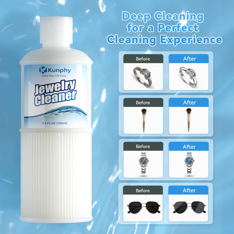 [Australia - AusPower] - 2024 Kunphy Ultrasonic Jewelry Cleaner, Professional Ultrasonic Cleaner Solutions for Use in All Ultrasonic Cleaner Machines, Jewelry Cleaner Solution for Diamond, Gold, Silver, Gemstones, 250ml Blue 