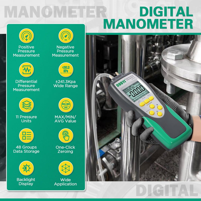 Manometer Gas Pressure Tester ±241.3Kpa/35Psi Wide Range Digital Manometer Gas Pressure Tester 11 Pressure Units Manometer Lp Gas Pressure Tester MAX/MIN/AVG Measurement manometer hvac with Battery