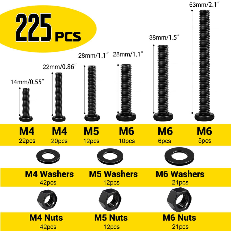 [Australia - AusPower] - 2300PCS M3 Screws with Nuts Assortment Kit & 225PCS Metric M4 M5 M6 Machine Screws Assortment Kit, Black Zinc Plated 