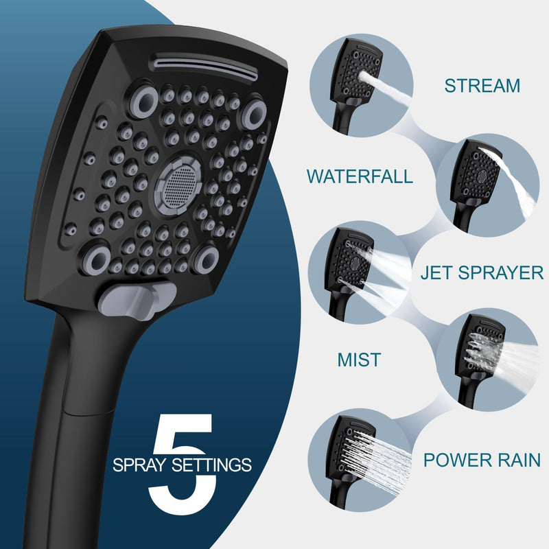 ELLO&ALLO High-Pressure Handheld Shower Head with 5 Spray Modes, 59-Inch Kink-Free Stainless Steel Hose & 360° Adjustable Bracket Perfect for Pet Bathing, Baby Care, Matte Black Without Filter