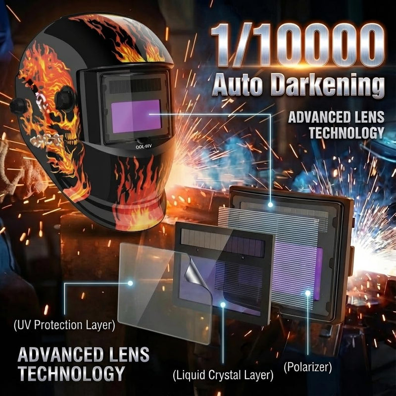Welding Helmet Auto Darkening - True Color Wide View Welding Shield - 0.1ms Response Time- Optical Grade 1/1/1/1 - Adjustable Wide Shade for SMAW, MIG, TIG, GTAW-Lightweight for Extended Wear VH107 Flame[basic Version]