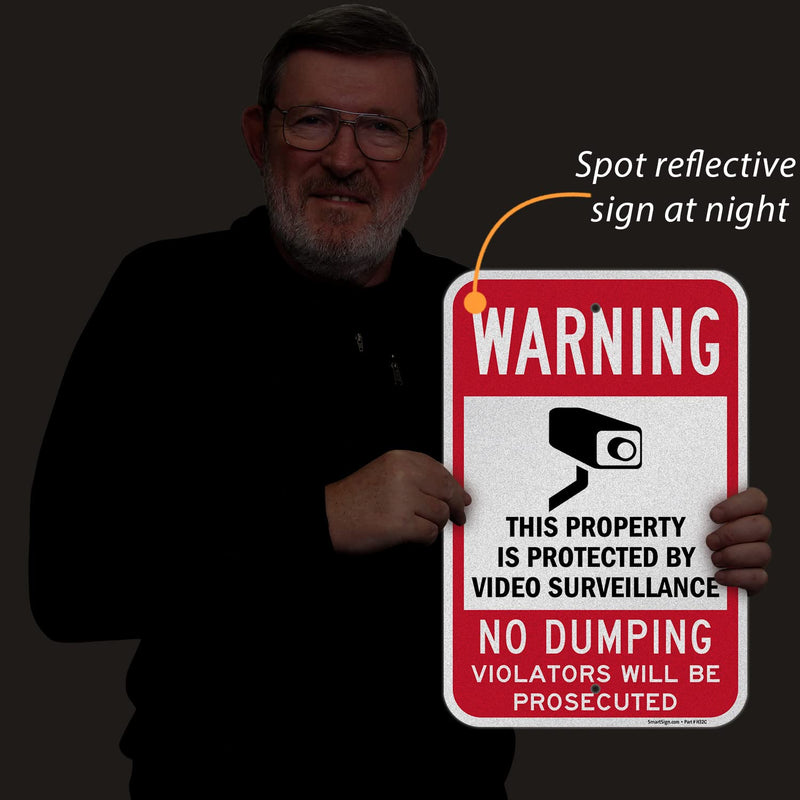 SmartSign 18 x 12 inch “Warning - Property Protected By Video Surveillance, No Dumping” Metal Sign, 120 mil Aluminum Composite (ACM), Engineer Grade Reflective Material, Red, Black and White, USA-Made