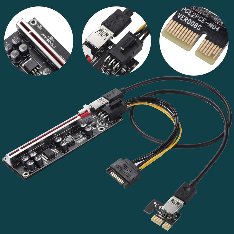 Ver009S-plus PCI-E Riser 16x to 1x for Bitcoin ETH Coin Mining, Powered Riser Adapter Card, 8 Fixed Capacitors, GPU Crypto Currency Cable with USB Power Cable, 6 Pack Black Ver009S-plus-6pcs