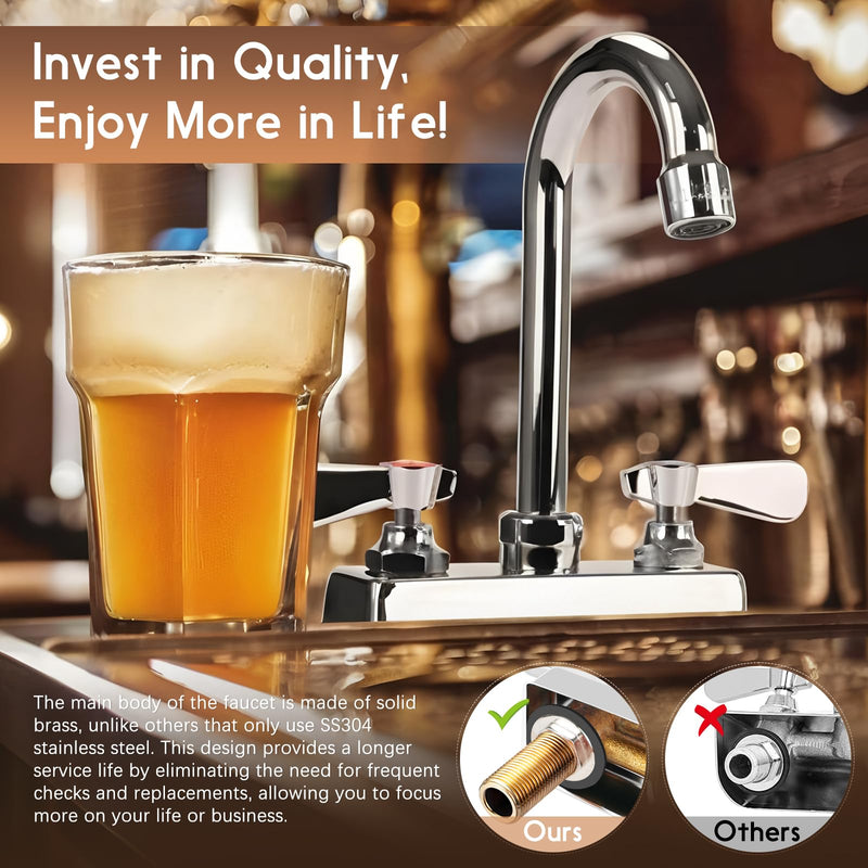Commercial Bar Sink Faucet 4 Inch Center Deck Mount, 3-1/2" Gooseneck Swivel Spout Hand Sink Faucet, 2 Hole Brass Constructed & Chrome Polished with Dual Lever Handles 4" Center 3-1/2" Spout